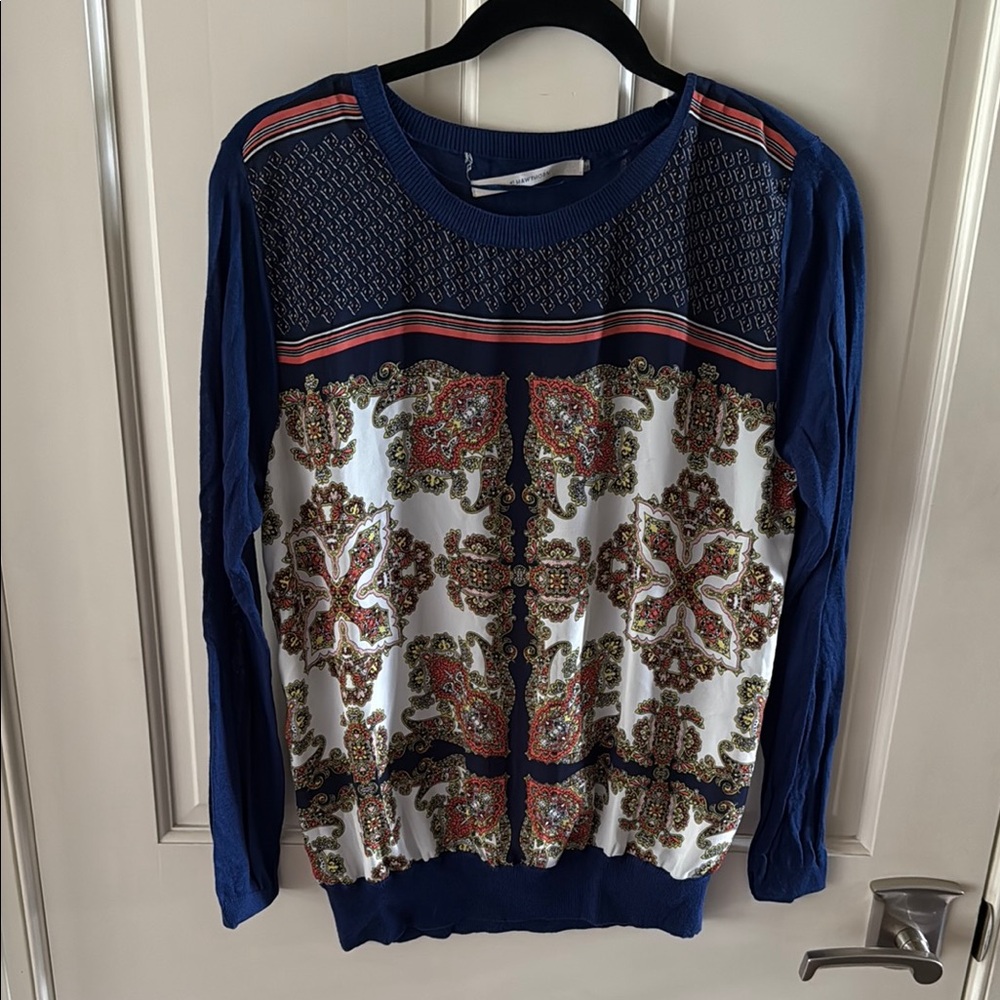 41 Hawthorn Zappo Mixed Material Blue and White Patterned Sweater